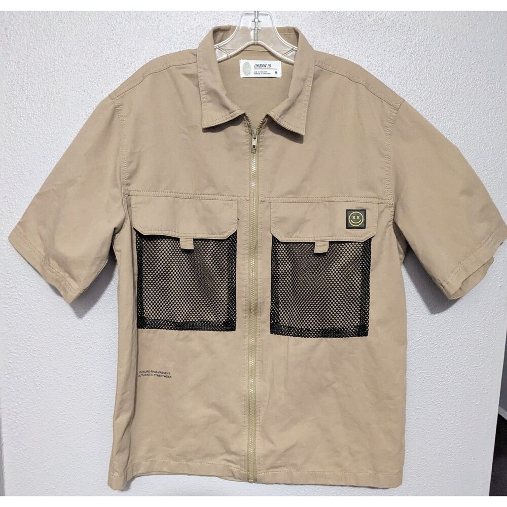 Urban ID Men's Med Full Zipper Front Short Sleeve Streetwear Khaki Casual Shirt